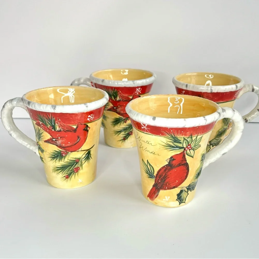 Pier1 Hollybirds Set of Four Winter Holiday Cardinal Birds Coffee‎ Mugs EUC